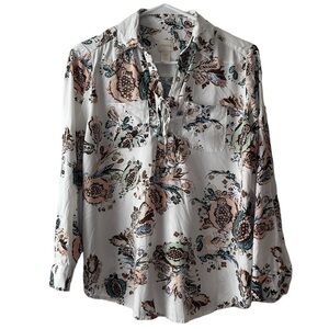 Chico's Botanical Floral Tunic White V-Neck Lace Up Petite 0